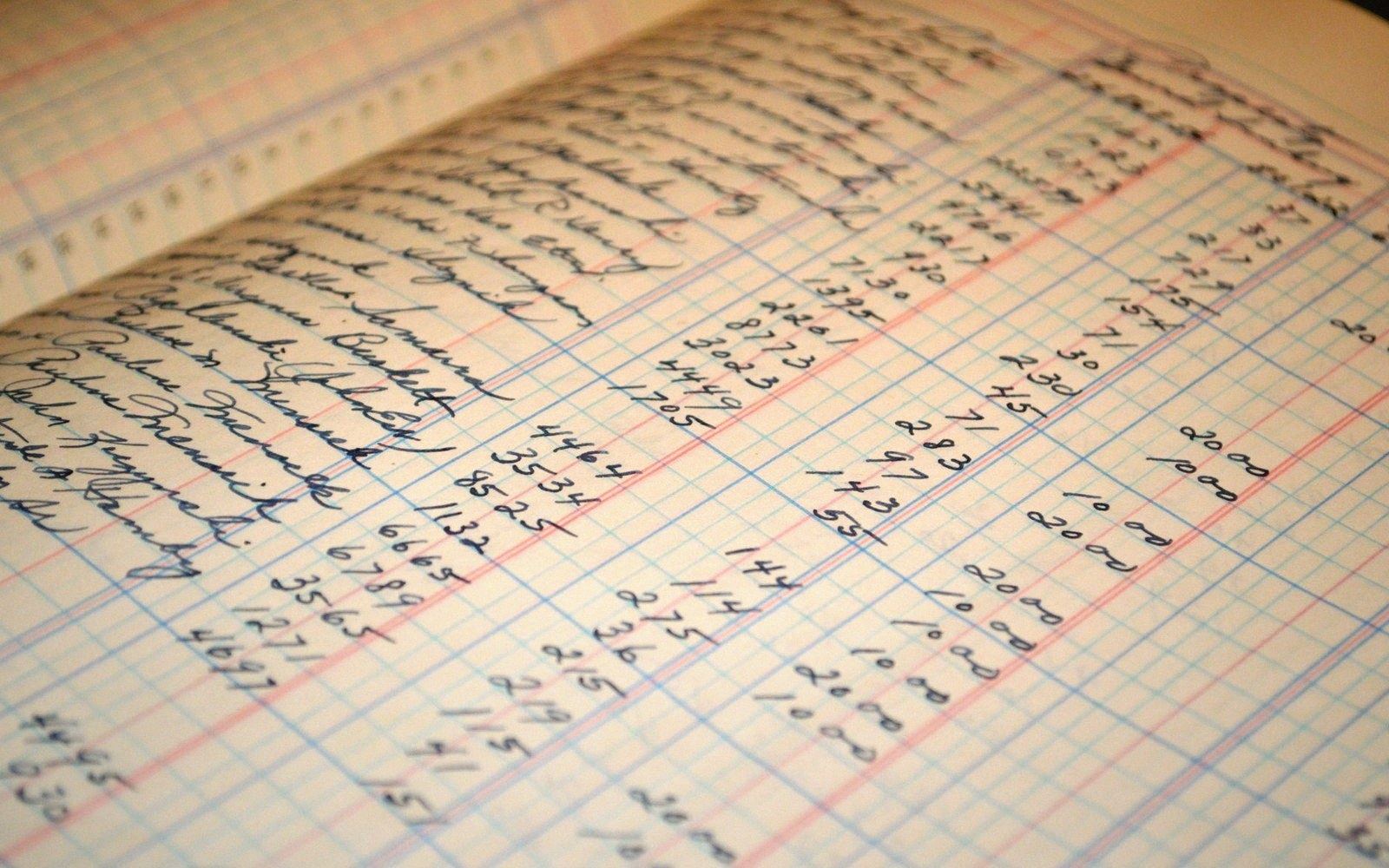 A household account book open, ruled in columns