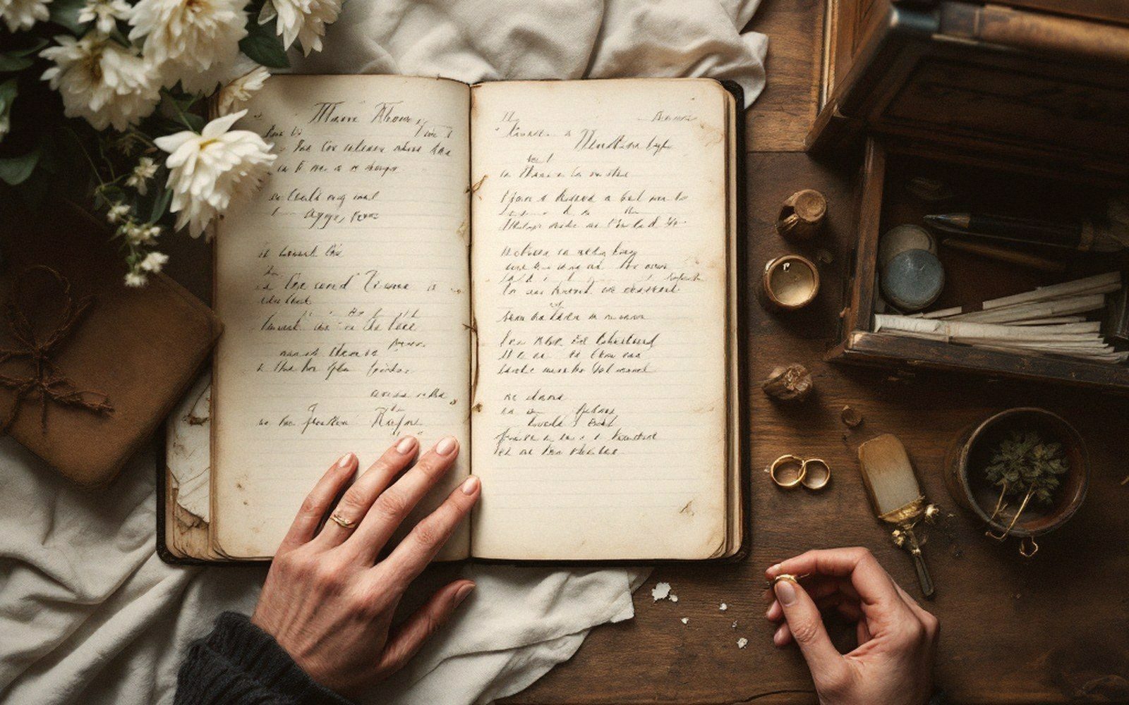 Hands rest on an open handwritten journal beside white flowers and a gold ring