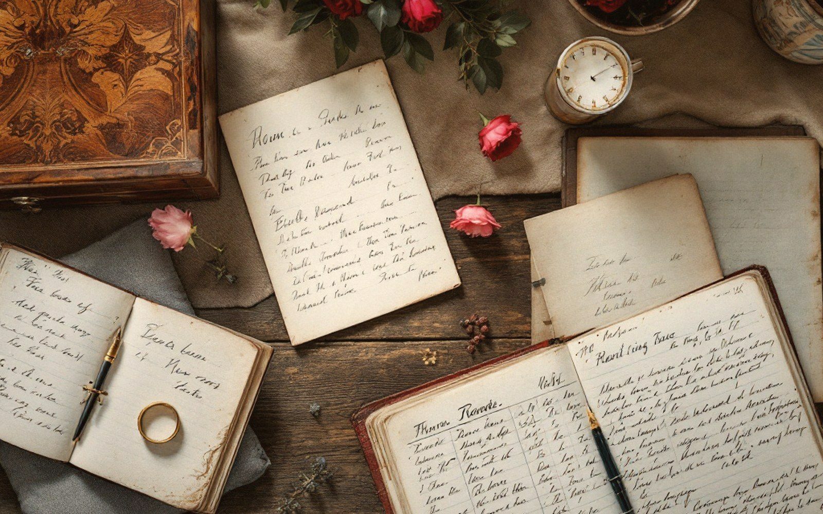 Handwritten journals, fountain pens, a wedding ring and roses arranged on a wooden desk