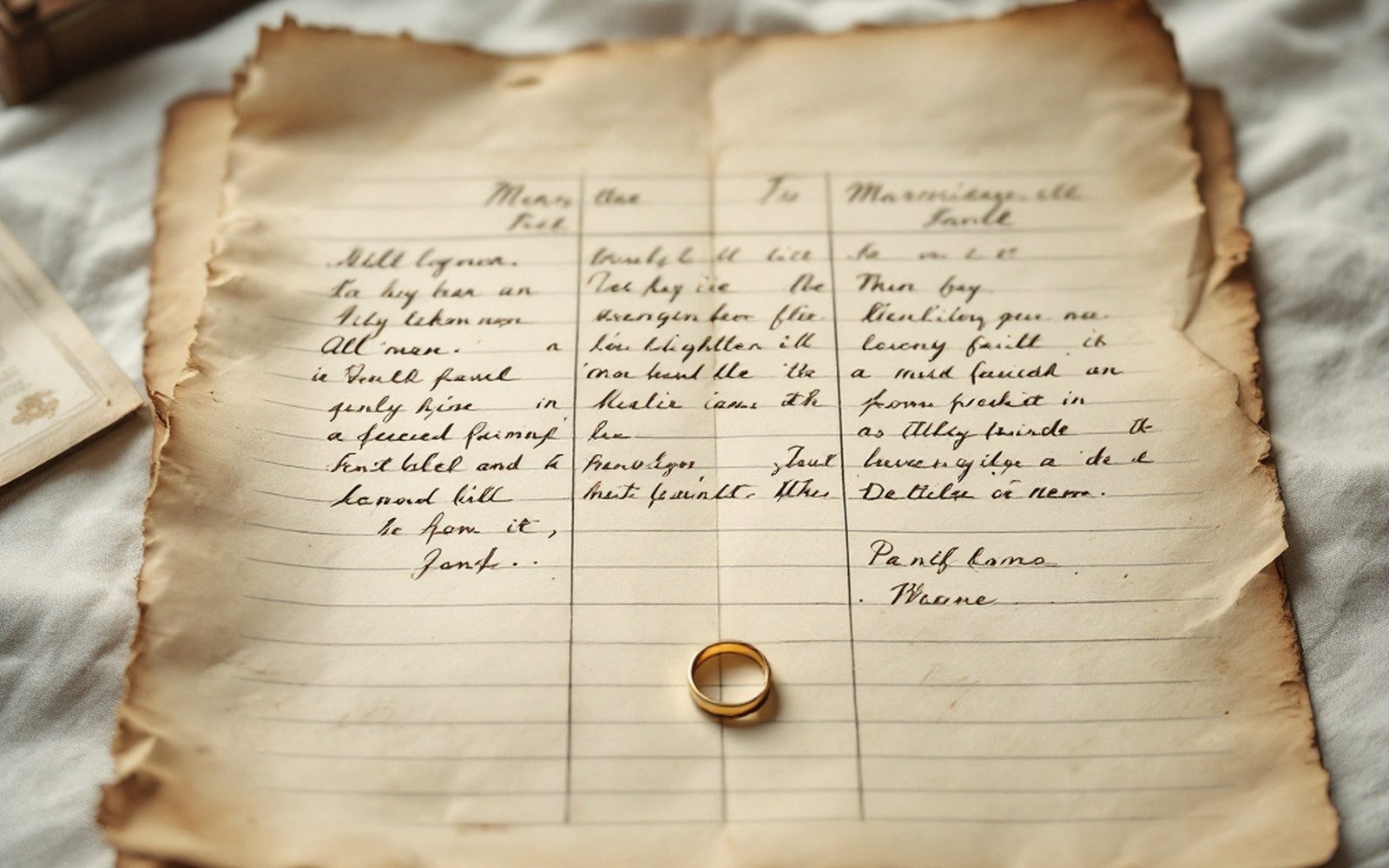 A gold wedding band rests on aged, handwritten lined paper with columned notes
