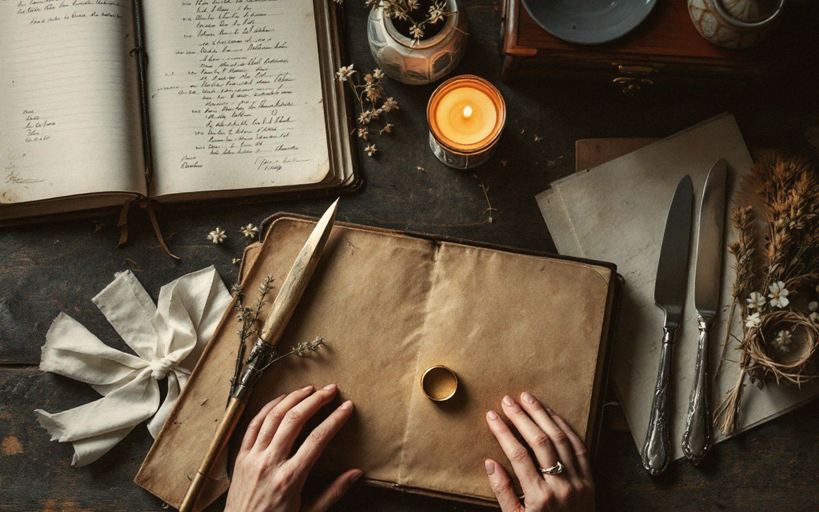 Hands rest on an open leather journal beside a ring, candle, and antique writing tools