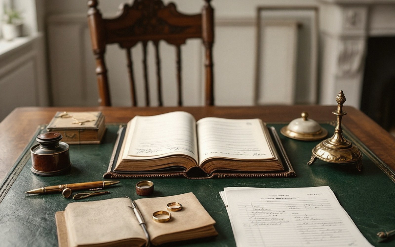 Wedding rings and pen rest on a leather desk beside an open register and documents