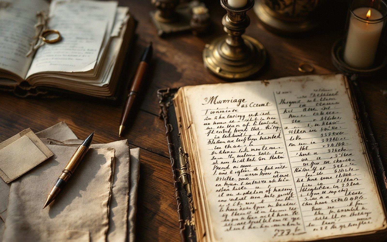 Open handwritten marriage account ledgers with fountain pens and lit candles on a wooden desk